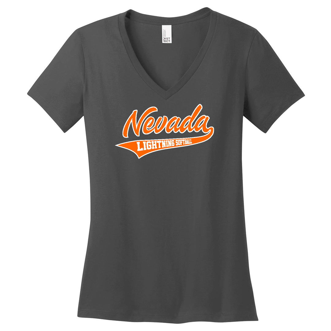 Ladies Fit V-Neck Short Sleeve Shirt - District Brand - Nevada Lightning Main Logo