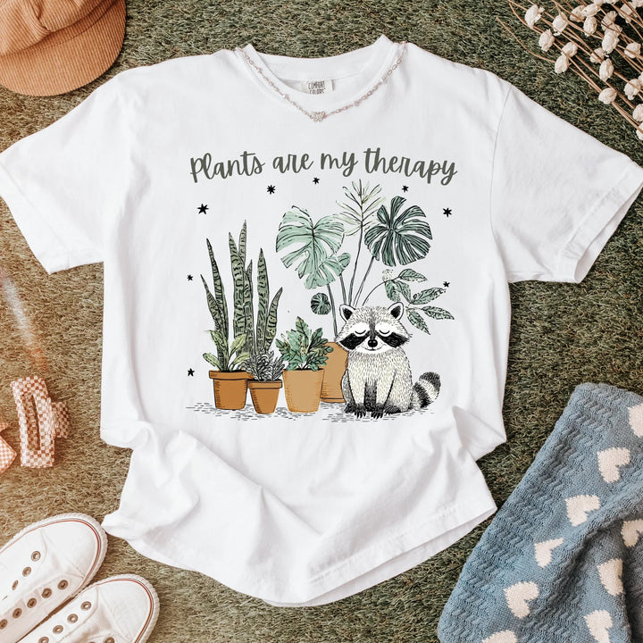 Plants Are My Therapy Raccoon T-Shirt | Funny Mental Health Tee | Plant Lover Gift | Cute Forest Animal Shirt | Gardening Therapy Shirt