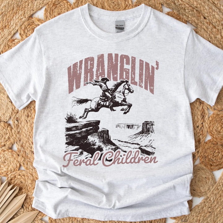 Wranglin’ Feral Children T-Shirt | Funny Western Mom Shirt | Country Mama Tee | Parenting Humor Graphic Tee | Chaos Coordinator Shirt