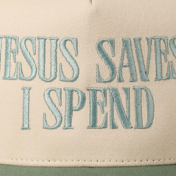 JESUS SAVES I SPEND Trucker Hat | Funny Christian Embroidered Hat | Two Tone Aesthetic Cap | Adjustable Snapback | Faith Statement Hat