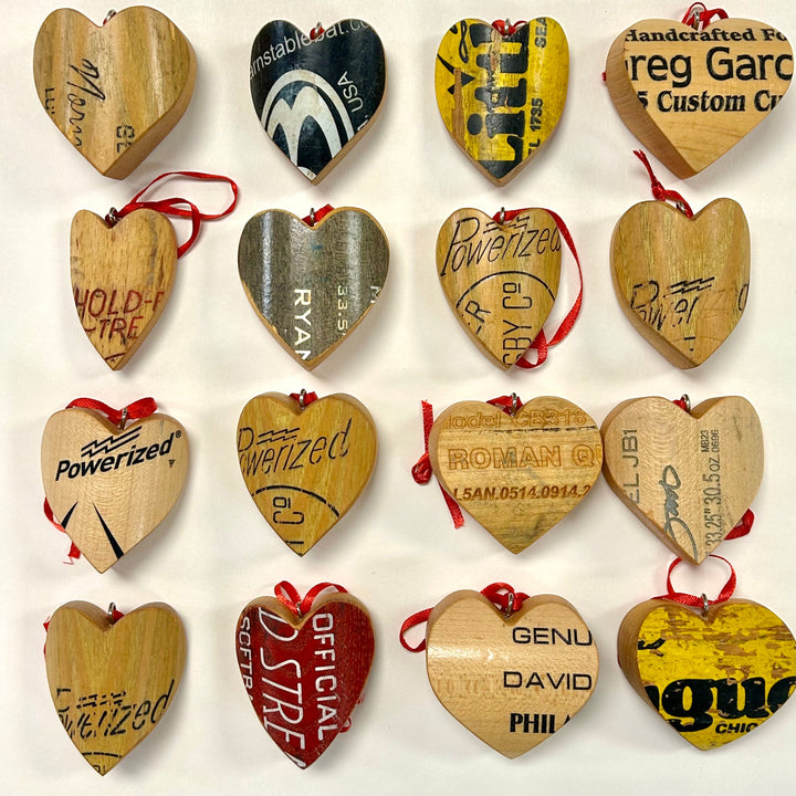 Reclaimed Wood Bat Heart Ornaments
