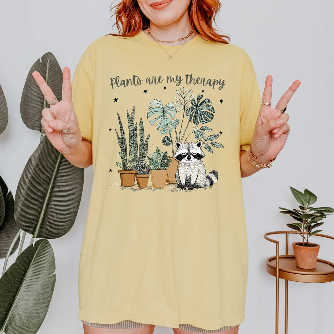 Plants Are My Therapy Raccoon T-Shirt | Funny Mental Health Tee | Plant Lover Gift | Cute Forest Animal Shirt | Gardening Therapy Shirt