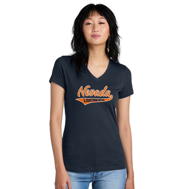Ladies Fit V-Neck Short Sleeve Shirt - District Brand - Nevada Lightning Main Logo