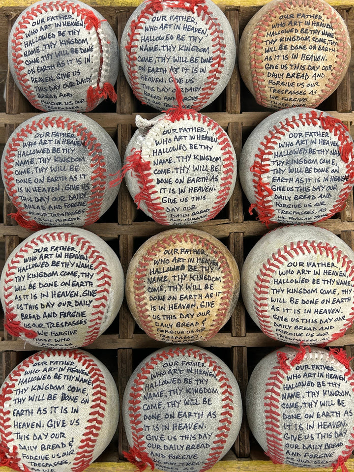 Lord’s Prayer Inscribed Tattered Baseball with Poem