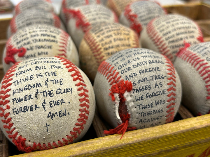 Lord’s Prayer Inscribed Tattered Baseball with Poem