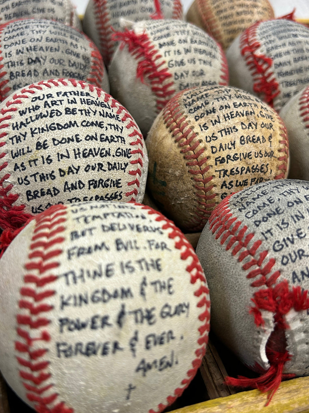 Lord’s Prayer Inscribed Tattered Baseball with Poem