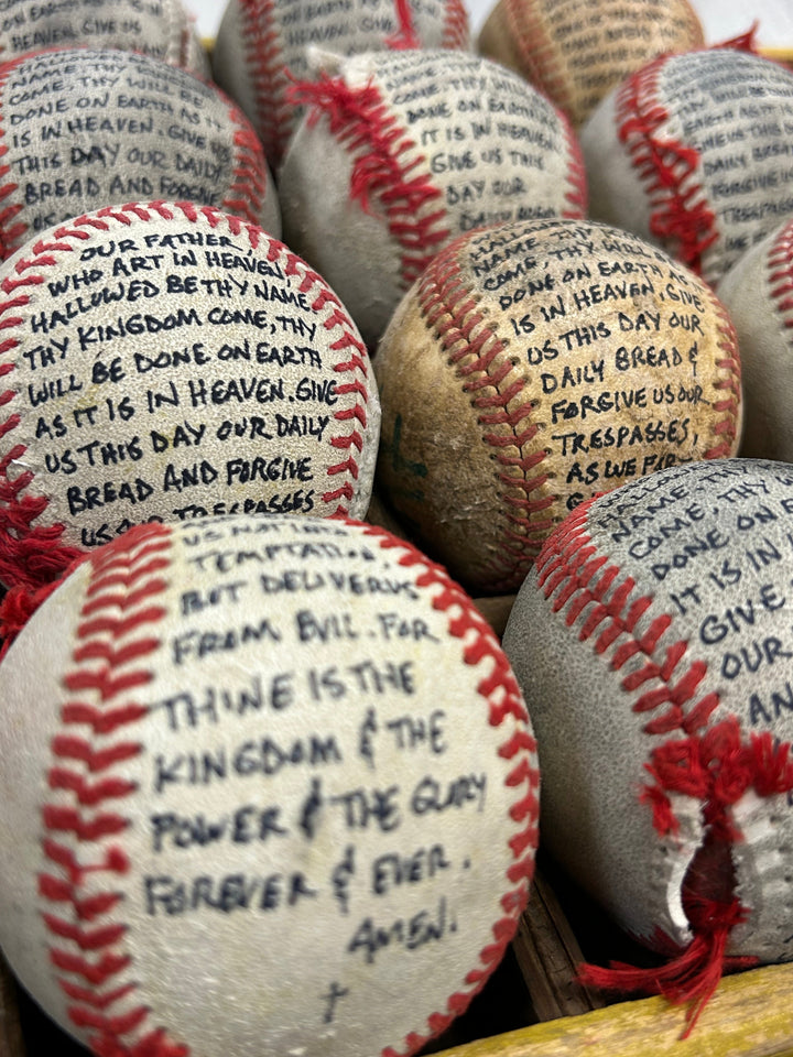 Lord’s Prayer Inscribed Tattered Baseball with Poem