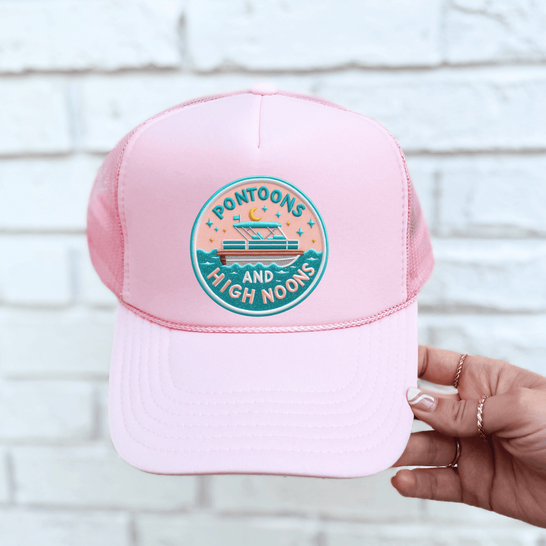 Pontoons and High Noons Trucker Hat – Lake Hair, Don’t Care Vibes – Funny Summer Snapback – Boat Day Essential – Bachelorette Party Hat