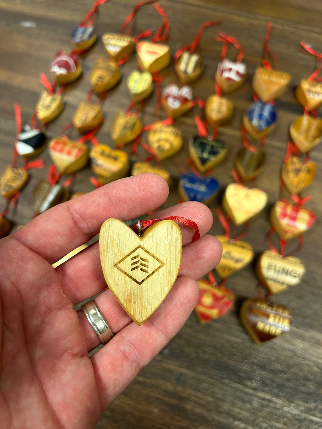 Reclaimed Wood Bat Heart Ornaments