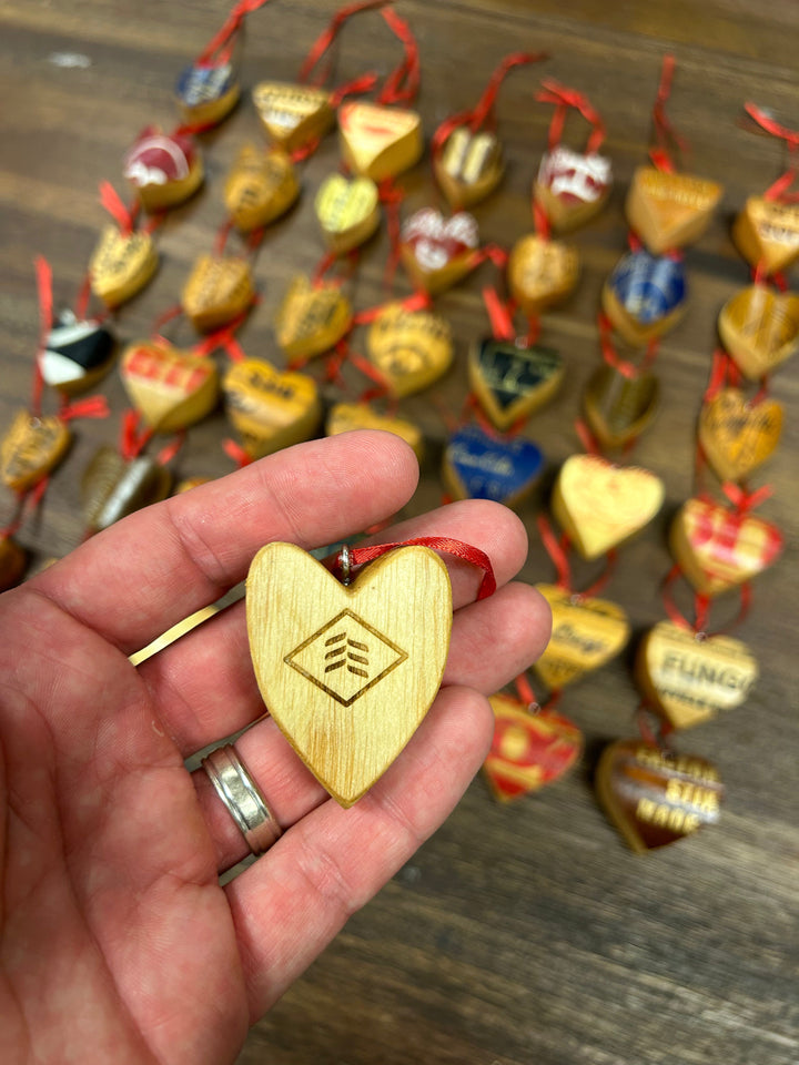 Reclaimed Wood Bat Heart Ornaments