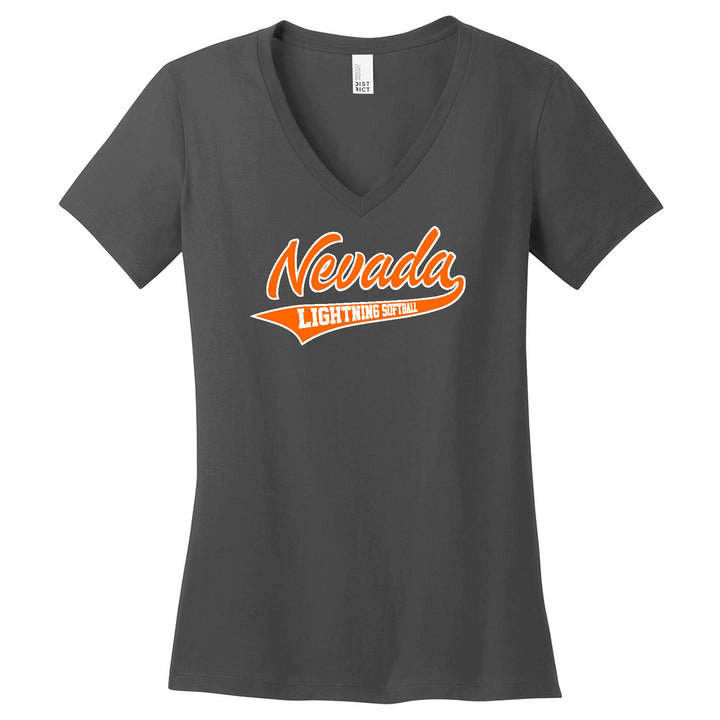 Ladies Fit V-Neck Short Sleeve Shirt - District Brand - Nevada Lightning Main Logo