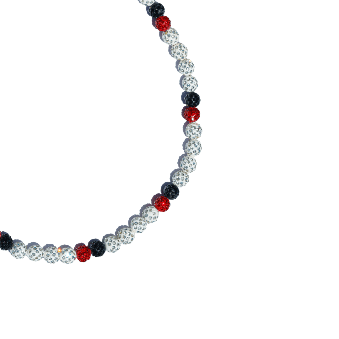 Code Red Iced Out Baseball Bead Necklace | White, Black, & Red