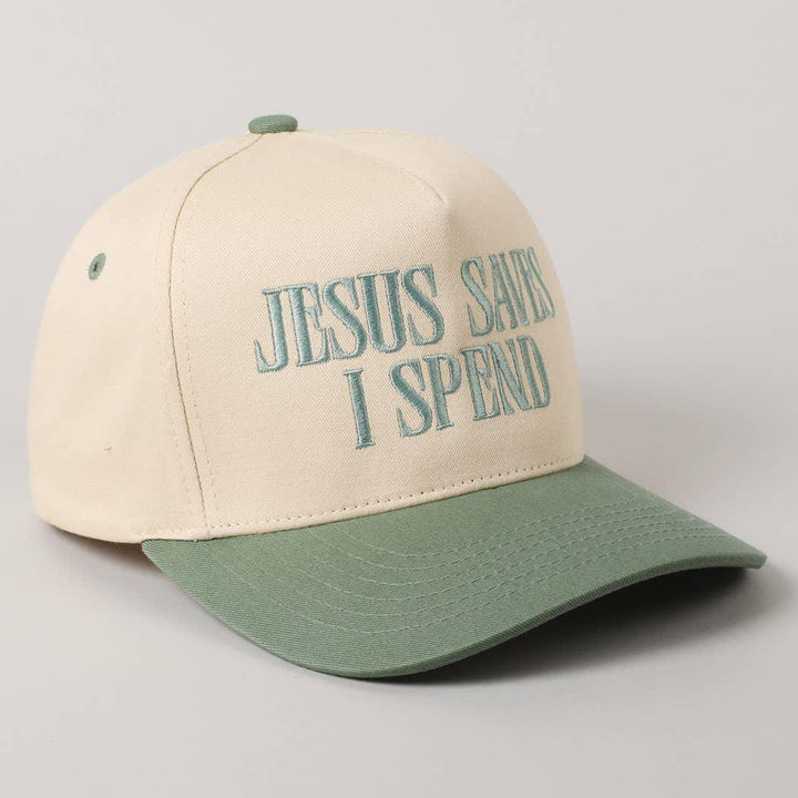 JESUS SAVES I SPEND Trucker Hat | Funny Christian Embroidered Hat | Two Tone Aesthetic Cap | Adjustable Snapback | Faith Statement Hat