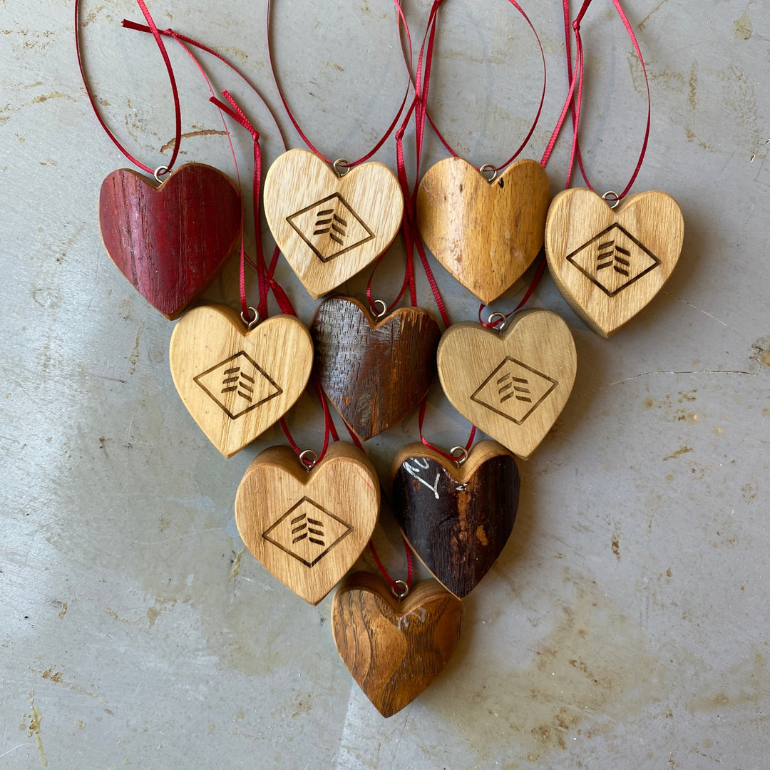 Reclaimed Wood Bat Heart Ornaments